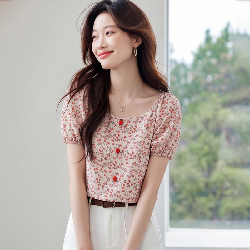 Chiffon Korean style refreshing printing floral summer shirt