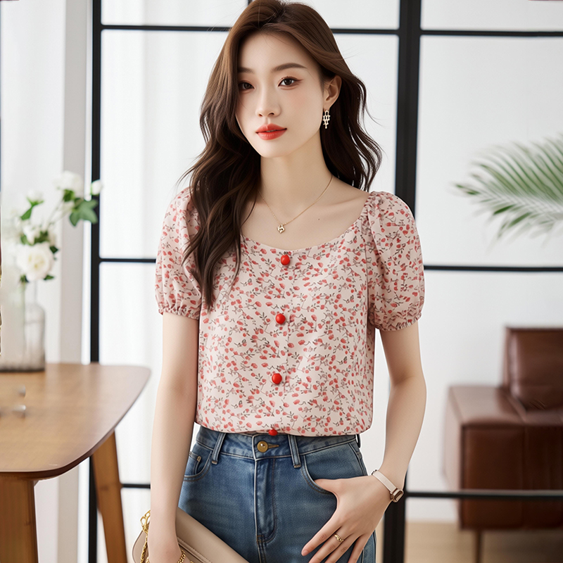 Chiffon Korean style refreshing printing floral summer shirt