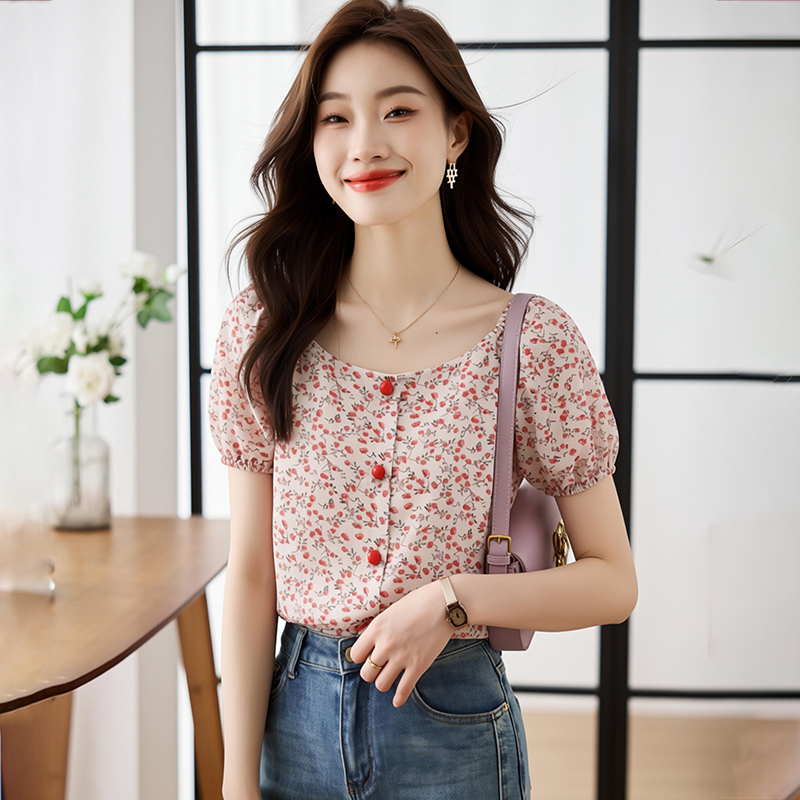 Chiffon Korean style refreshing printing floral summer shirt