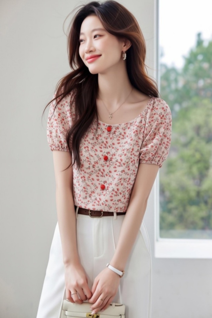 Chiffon Korean style refreshing printing floral summer shirt