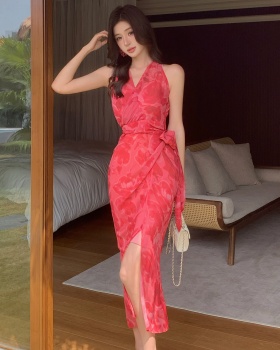 Vacation halter dress sleeveless cross long dress