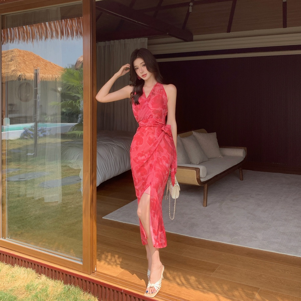 Vacation halter dress sleeveless cross long dress