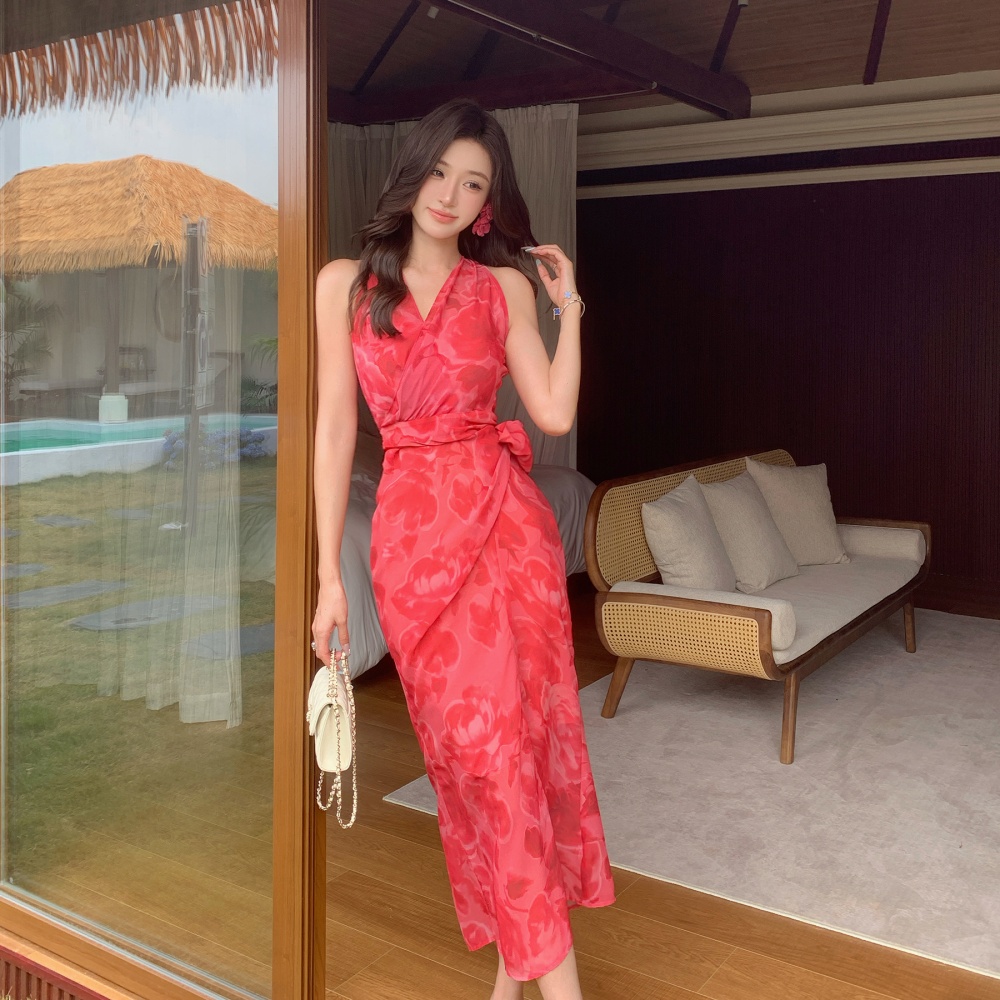 Vacation halter dress sleeveless cross long dress