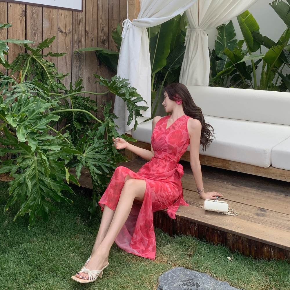 Vacation halter dress sleeveless cross long dress