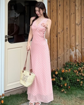 France style polka dot sleeveless pinched waist dress