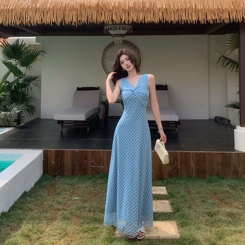 France style polka dot sleeveless pinched waist dress