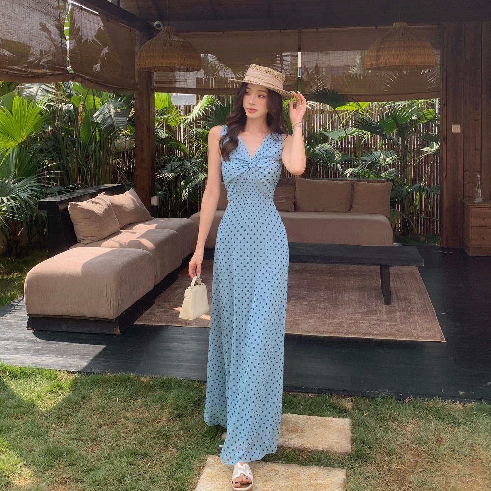 France style polka dot sleeveless pinched waist dress