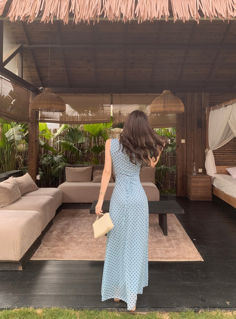 France style polka dot sleeveless pinched waist dress