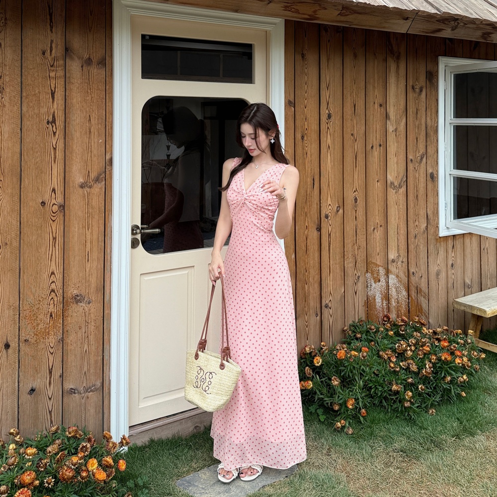 France style polka dot sleeveless pinched waist dress