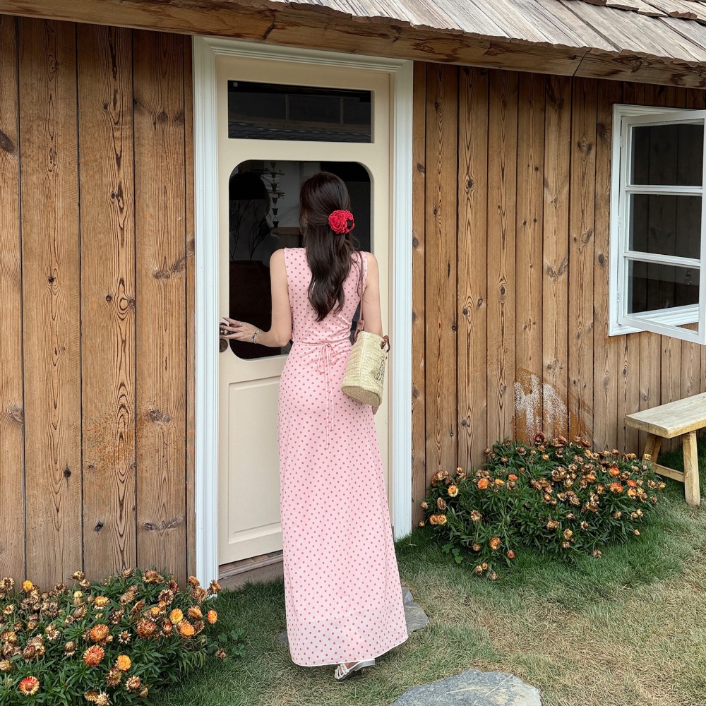 France style polka dot sleeveless pinched waist dress