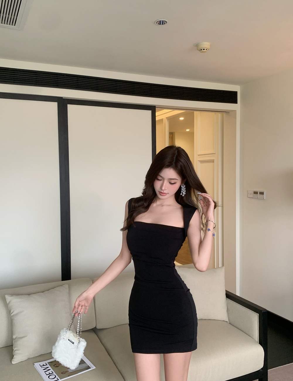 High elasticity rose with chest pad hollow fold dress