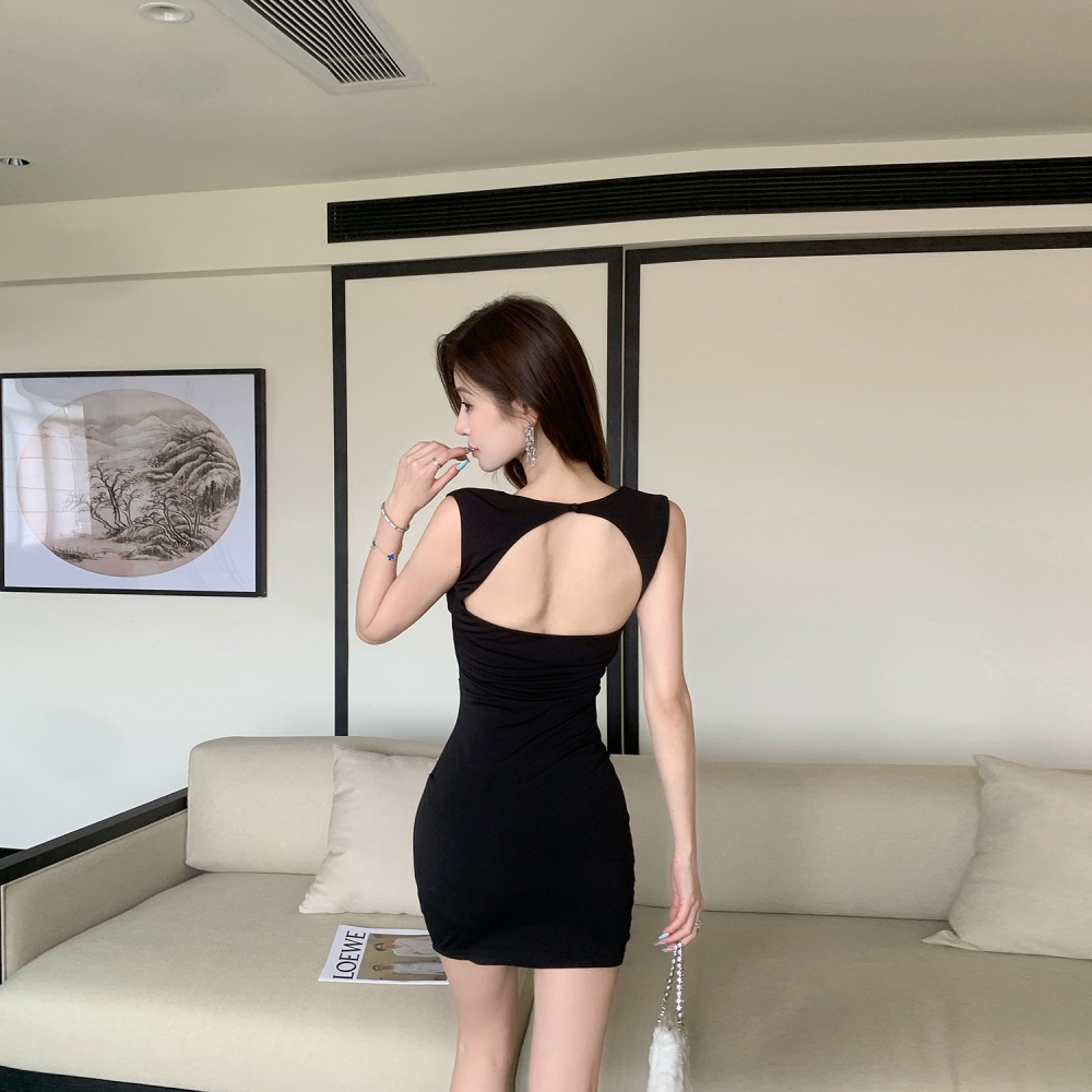 High elasticity rose with chest pad hollow fold dress