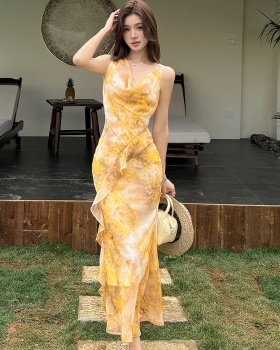 Sleeveless pinched waist dress drape long dress