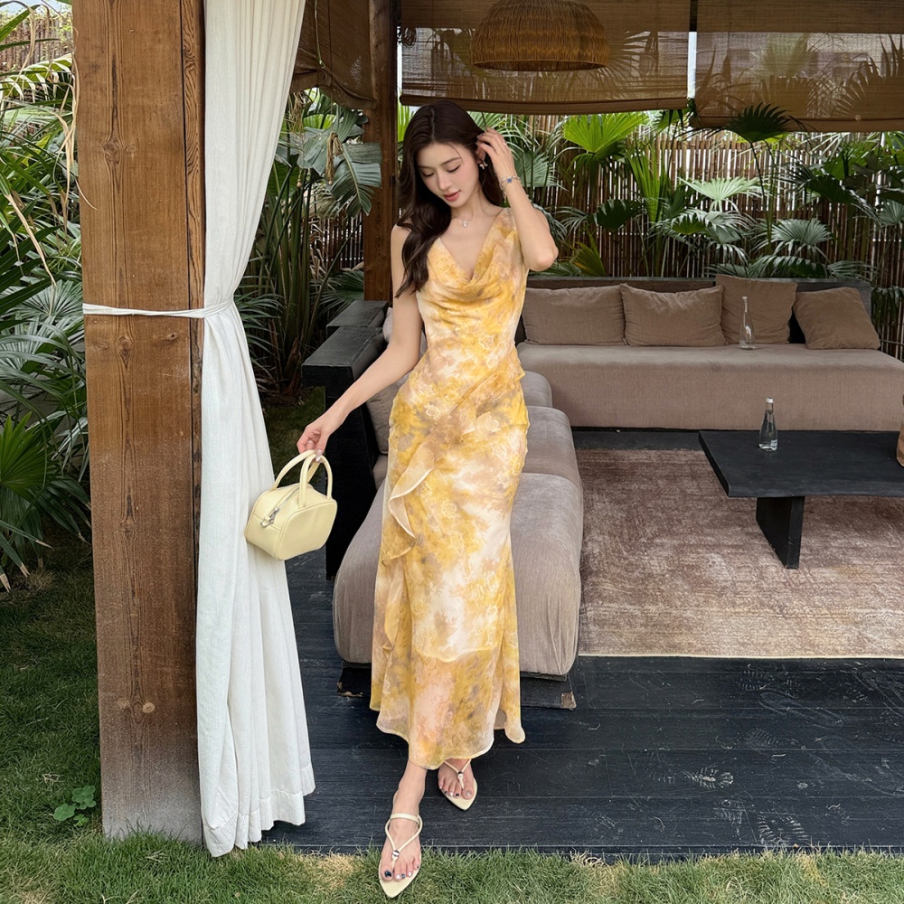 Sleeveless pinched waist dress drape long dress