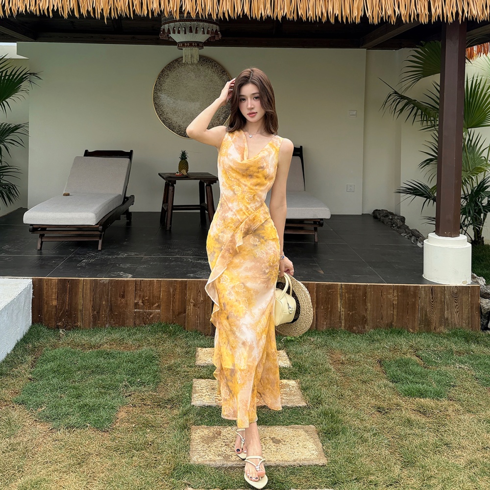 Sleeveless pinched waist dress drape long dress