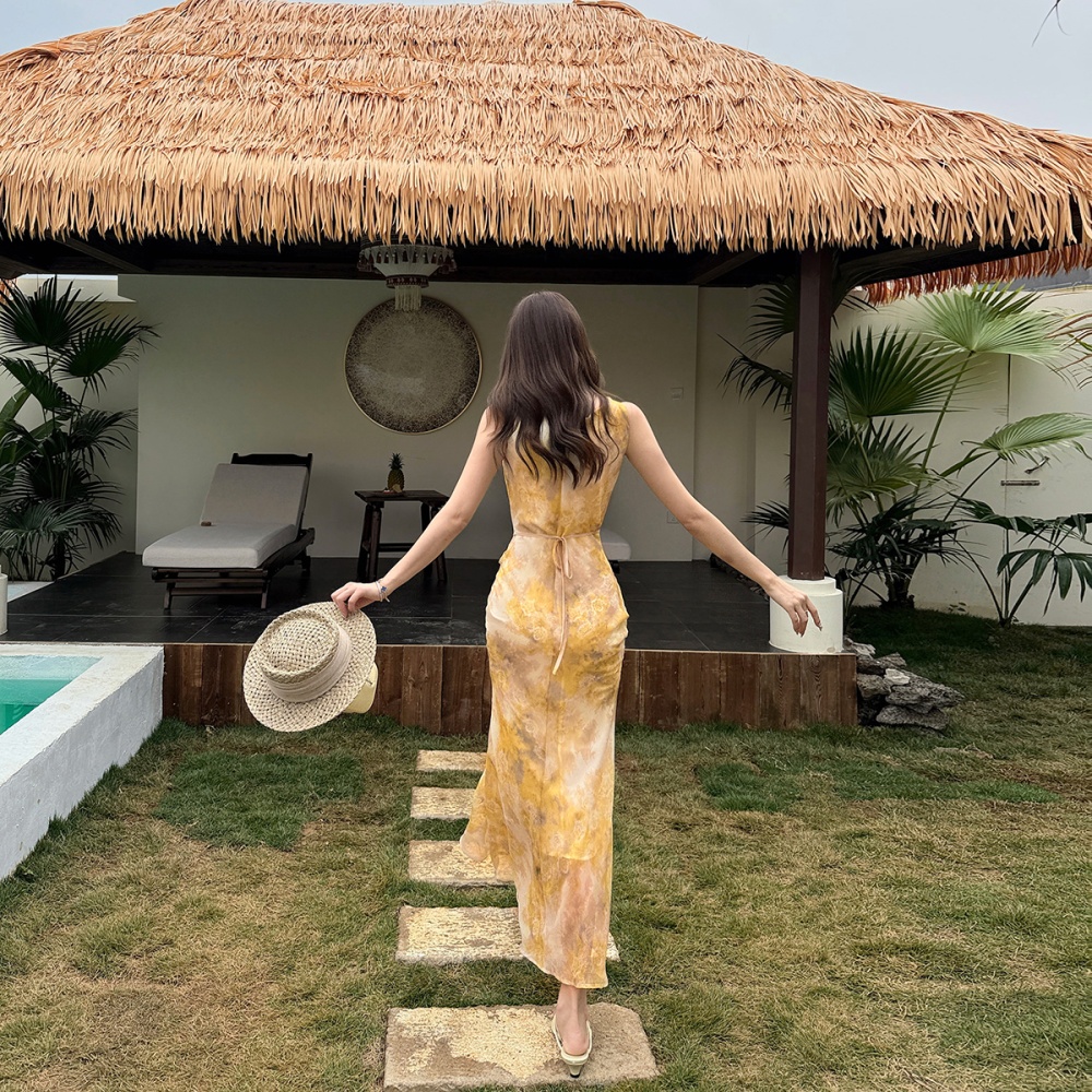 Sleeveless pinched waist dress drape long dress