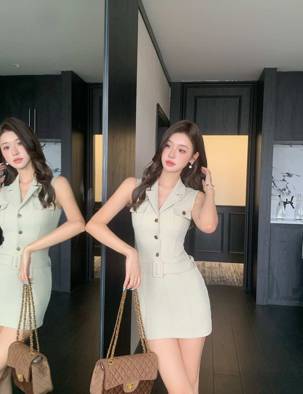 Sleeveless pinched waist T-back khaki dress