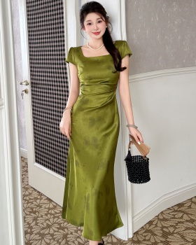 Elegant long summer slim fold square collar dress