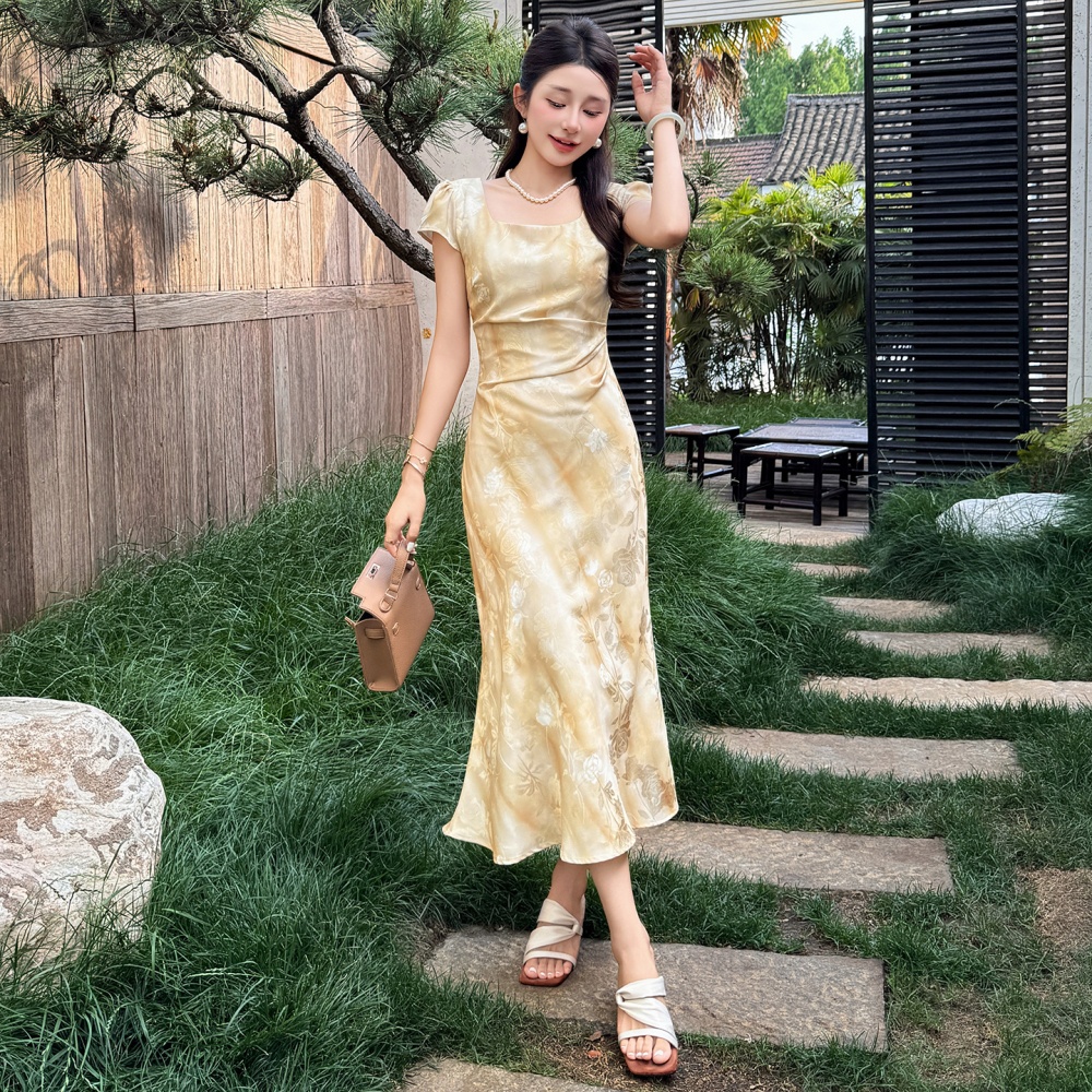 Elegant long summer slim fold square collar dress