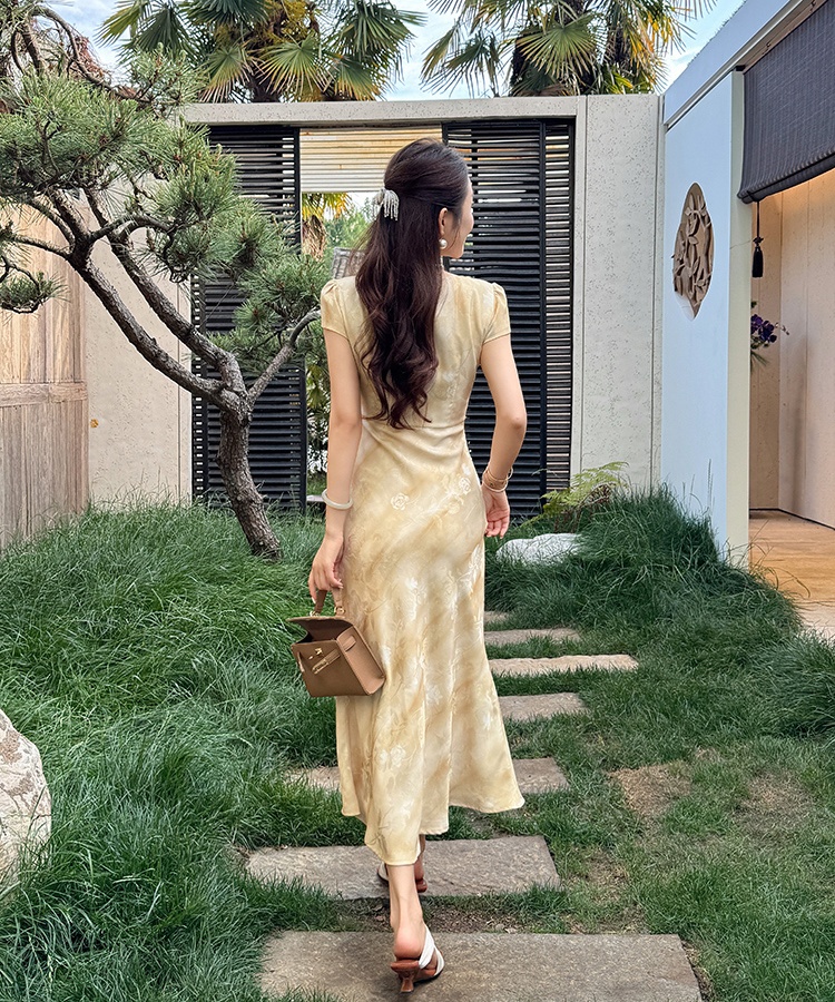 Elegant long summer slim fold square collar dress