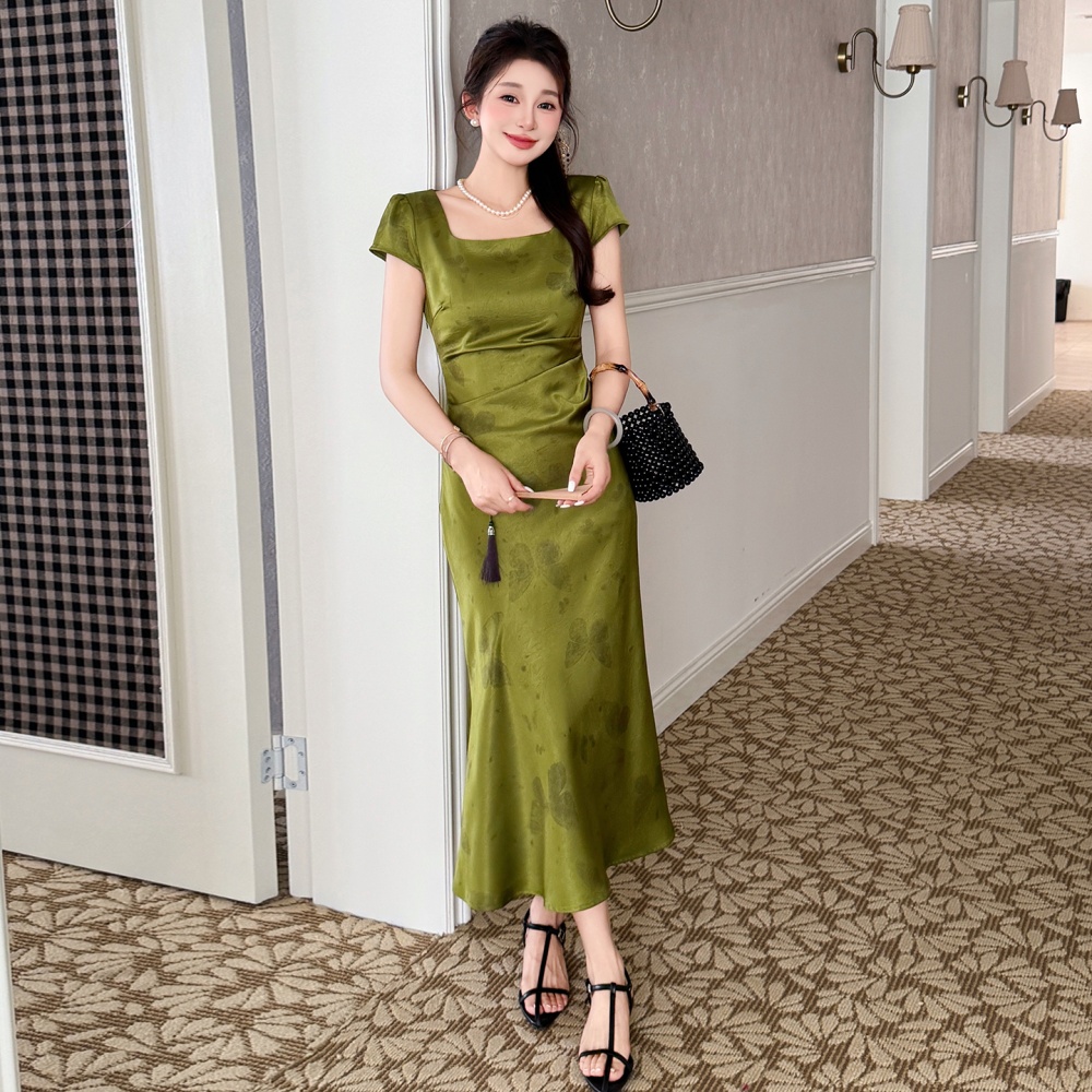 Elegant long summer slim fold square collar dress