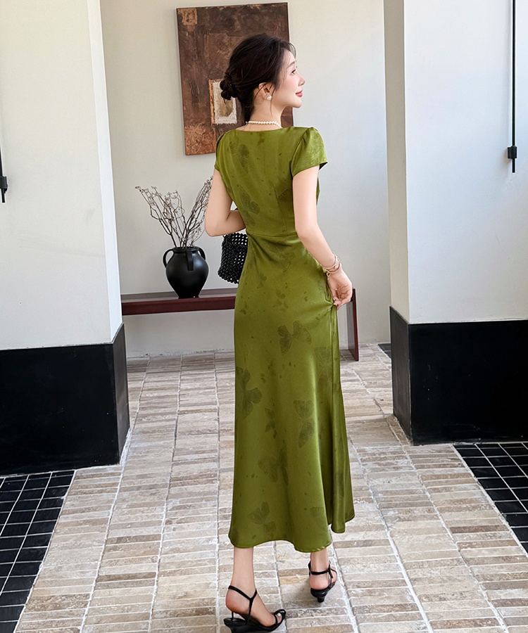 Elegant long summer slim fold square collar dress