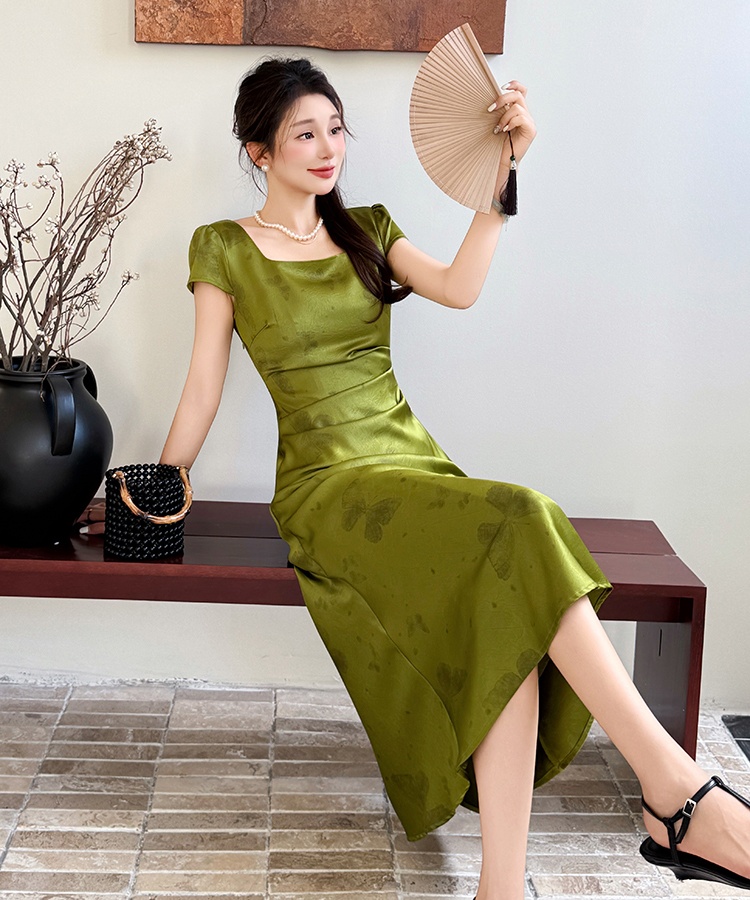 Elegant long summer slim fold square collar dress