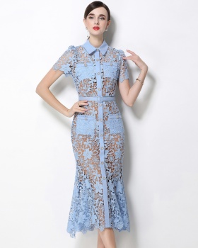 Inside the ride lapel lace sling short sleeve elegant dress