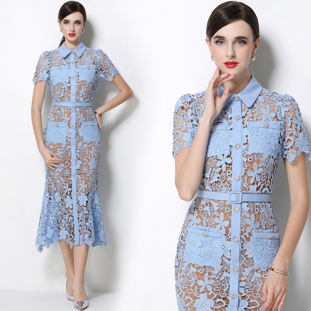 Inside the ride lapel lace sling short sleeve elegant dress