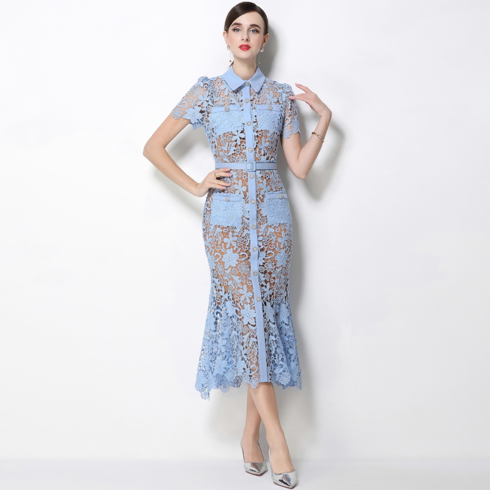 Inside the ride lapel lace sling short sleeve elegant dress