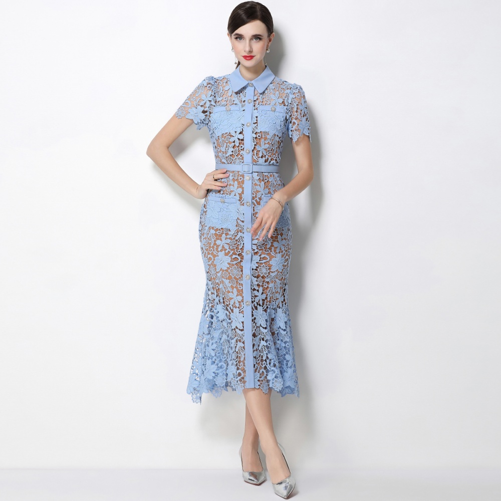 Inside the ride lapel lace sling short sleeve elegant dress