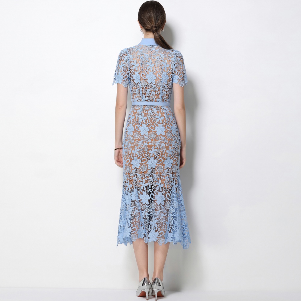 Inside the ride lapel lace sling short sleeve elegant dress