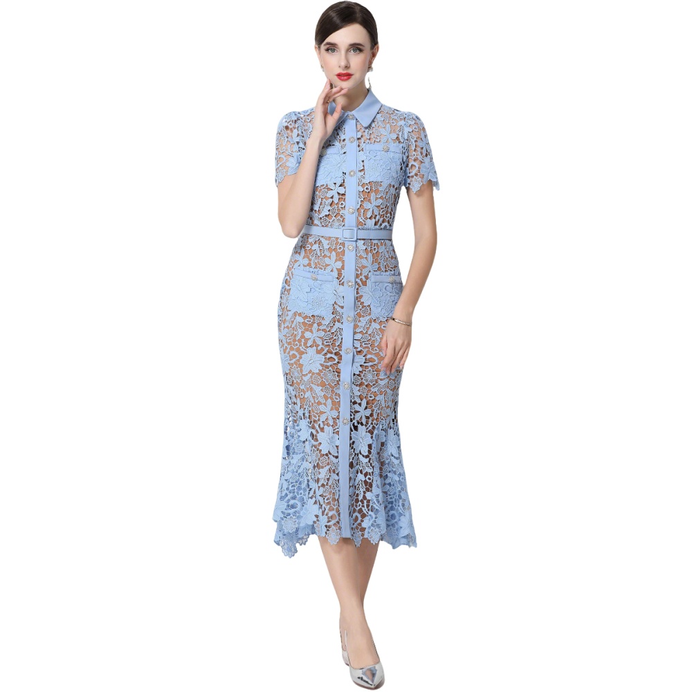 Inside the ride lapel lace sling short sleeve elegant dress