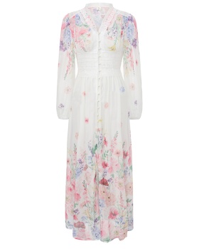 Lace splice vacation lantern sleeve dress