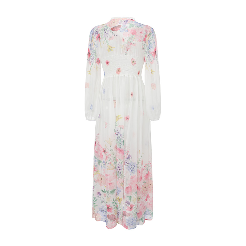 Lace splice vacation lantern sleeve dress