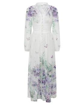 Spring and summer lantern sleeve vacation splice lace dress