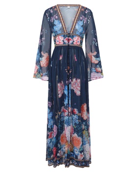Vacation trumpet sleeves printing spring and summer dress