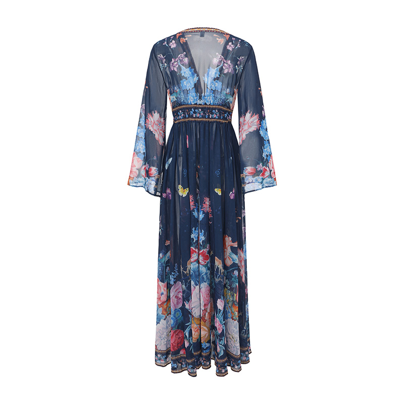 Vacation trumpet sleeves printing spring and summer dress