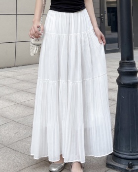 High waist gauze long skirt A-line pleated skirt for women