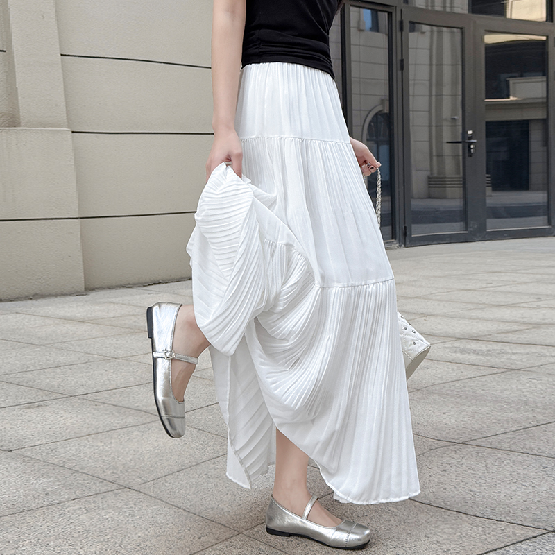 High waist gauze long skirt A-line pleated skirt for women