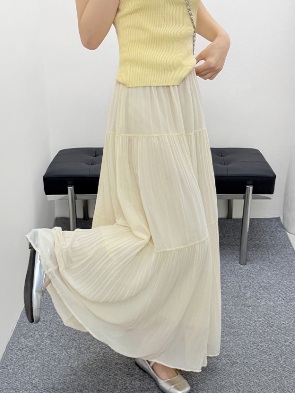High waist gauze long skirt A-line pleated skirt for women