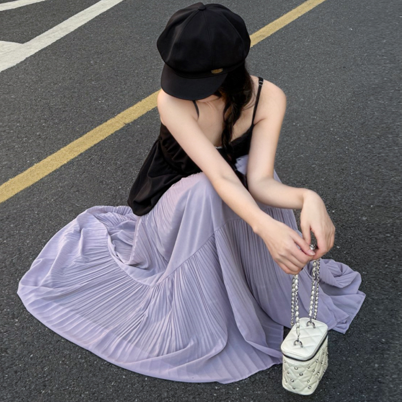 High waist gauze long skirt A-line pleated skirt for women