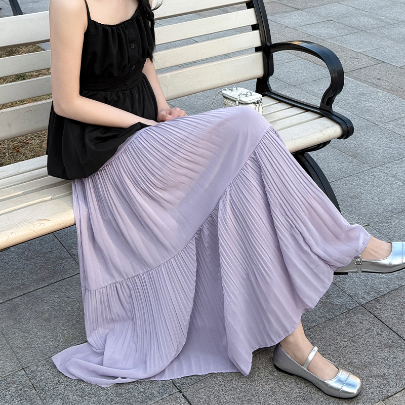 High waist gauze long skirt A-line pleated skirt for women