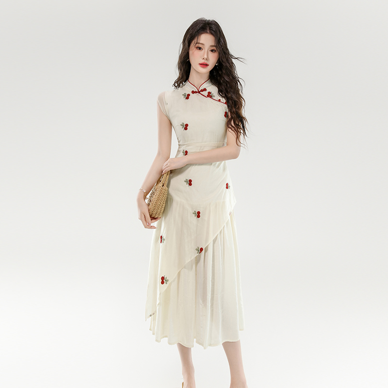 Embroidery pinched waist splice niche Chinese style dress