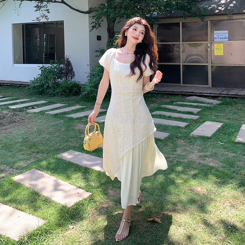 Slim white temperament cheongsam sequins lace dress