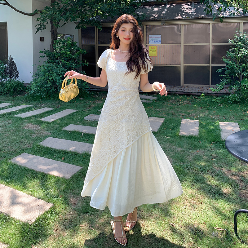 Slim white temperament cheongsam sequins lace dress