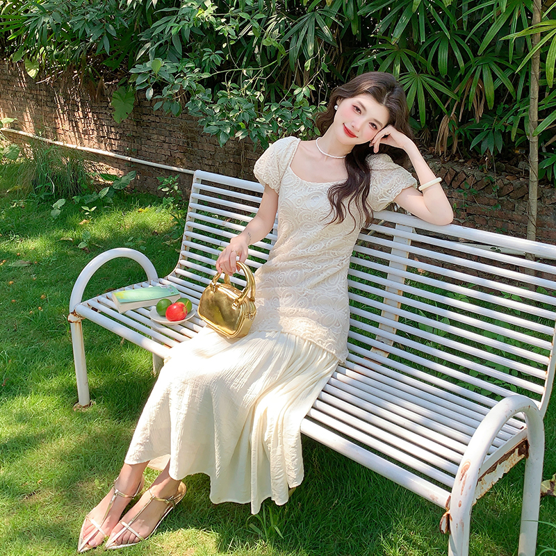 Slim white temperament cheongsam sequins lace dress