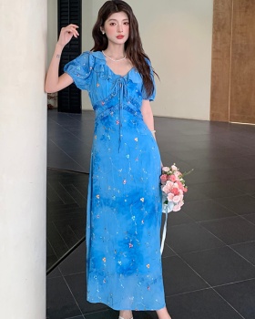 Casual tie dye embroidery long dress floral slim summer dress