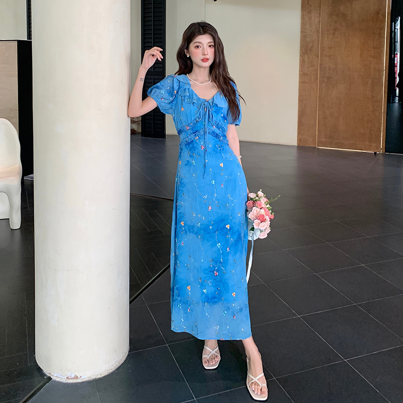 Casual tie dye embroidery long dress floral slim summer dress