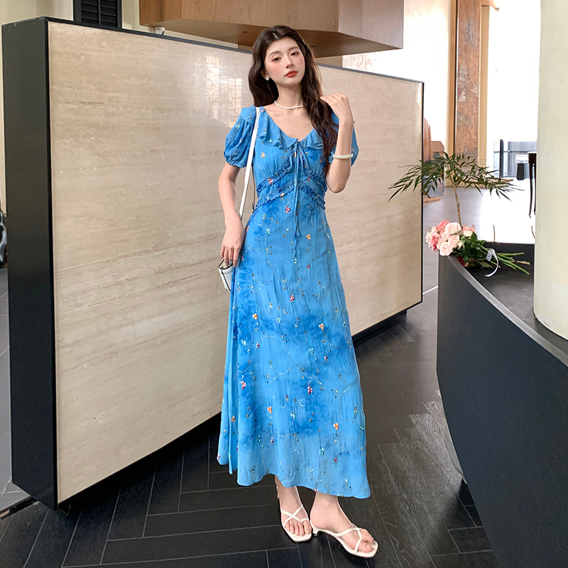 Casual tie dye embroidery long dress floral slim summer dress